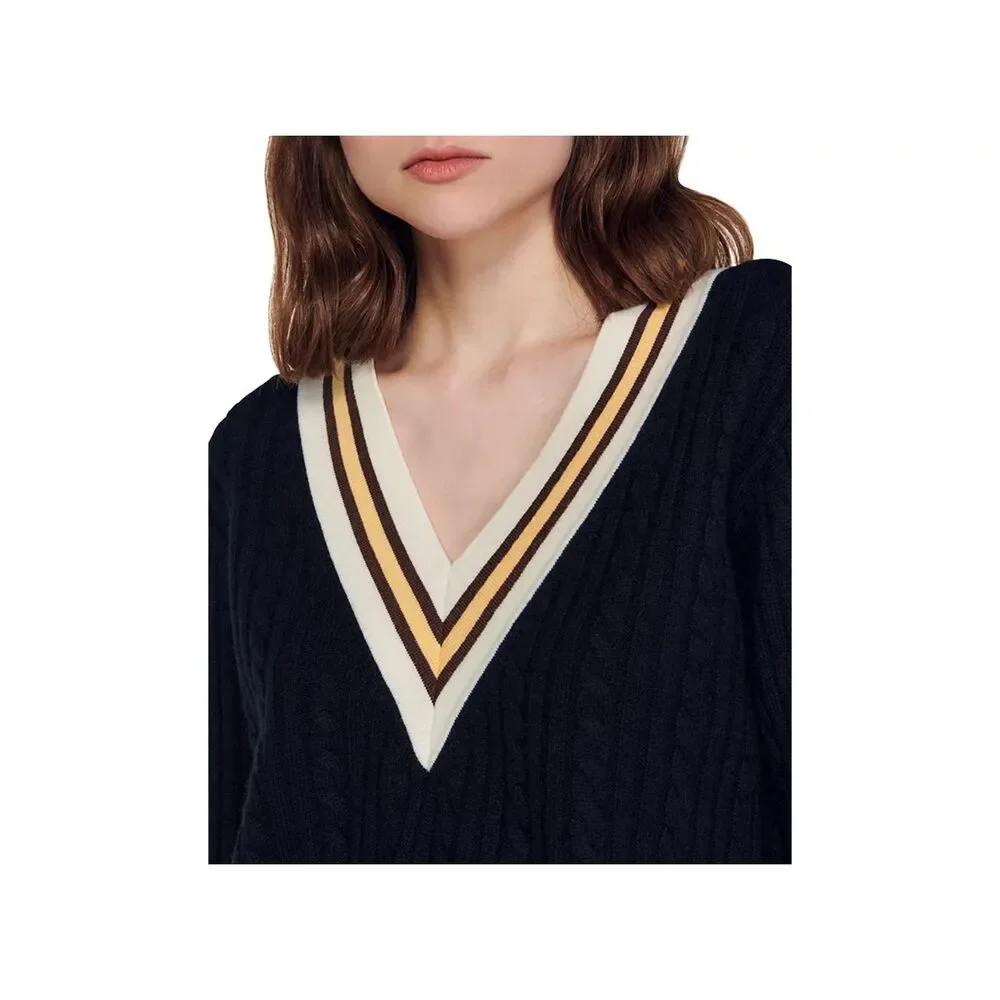 Sandro Contrast Stripe Cable Knit V-Neck Sweater in Navy White & Yellow Size 4 - Picture 6 of 15